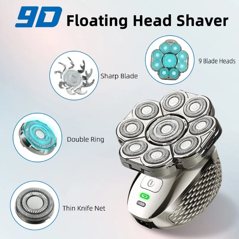 Rasoir Électrique Crâne 4D 9 Têtes Flottantes 6 en 1 – Rechargeable IPX6 Rasage Sec Humide 90 Min – CLEVI Paris