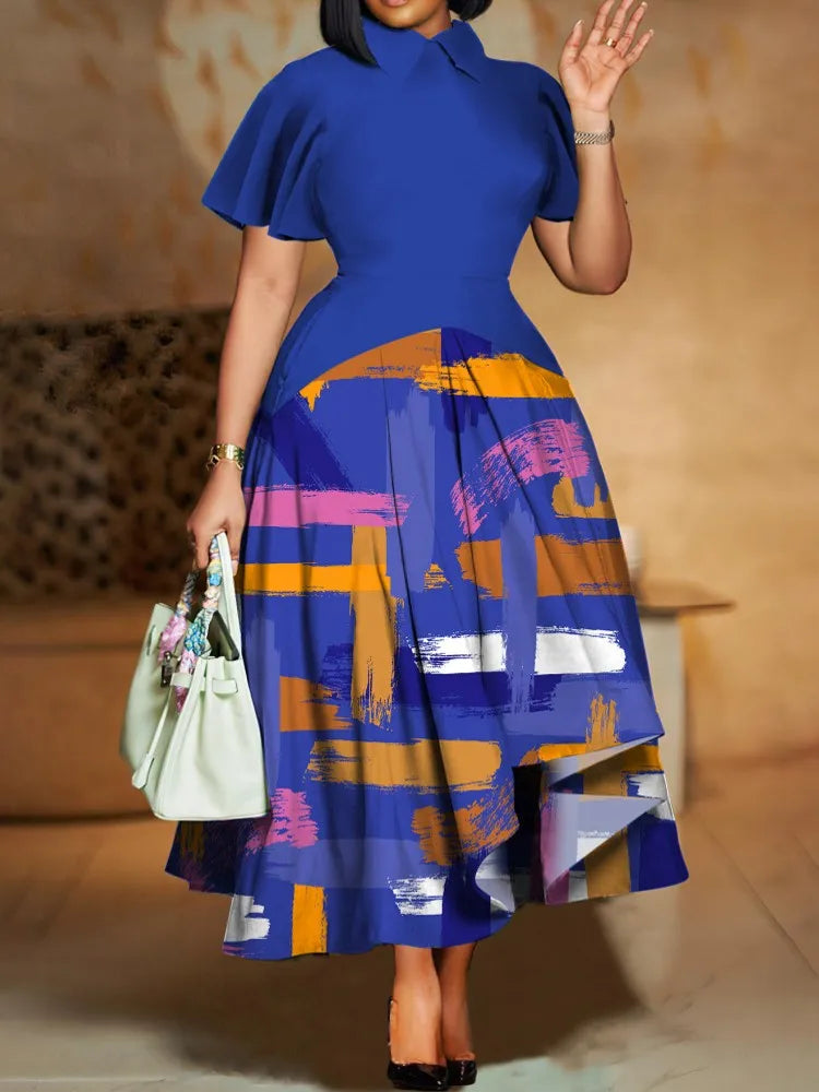 Robe Femme Grande Taille Manches Courtes Imprimé A-line Maxi Casual – CLEVI Paris