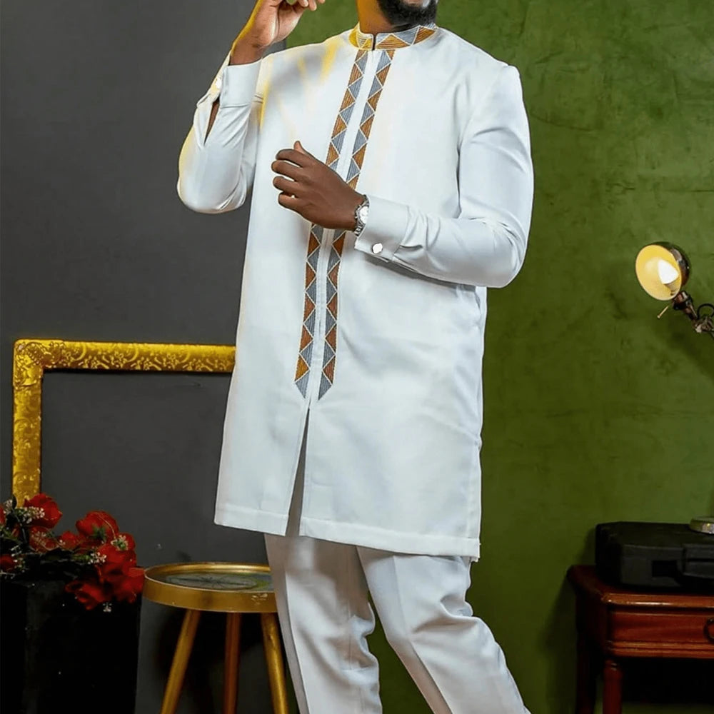 Ensemble Kaftan Homme 2 Pièces Broderie Manches Longues Col Rond + Pantalon Cordon Style Africain Mariage M-4XL – CLEVI Paris