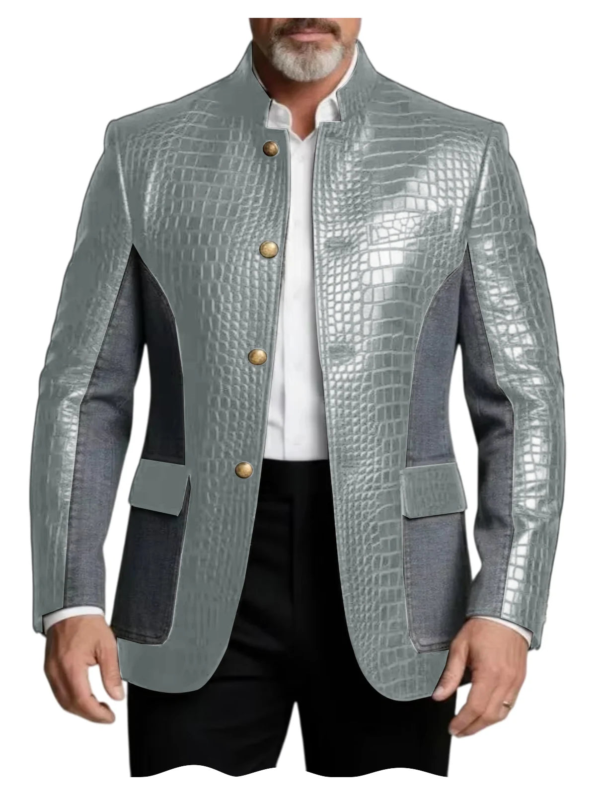 Blazer en cuir PU de luxe marron pour homme, effet croco, patchwork denim, col montant, coupe ajustée, idéal pour affaires, décontracté ou soirée