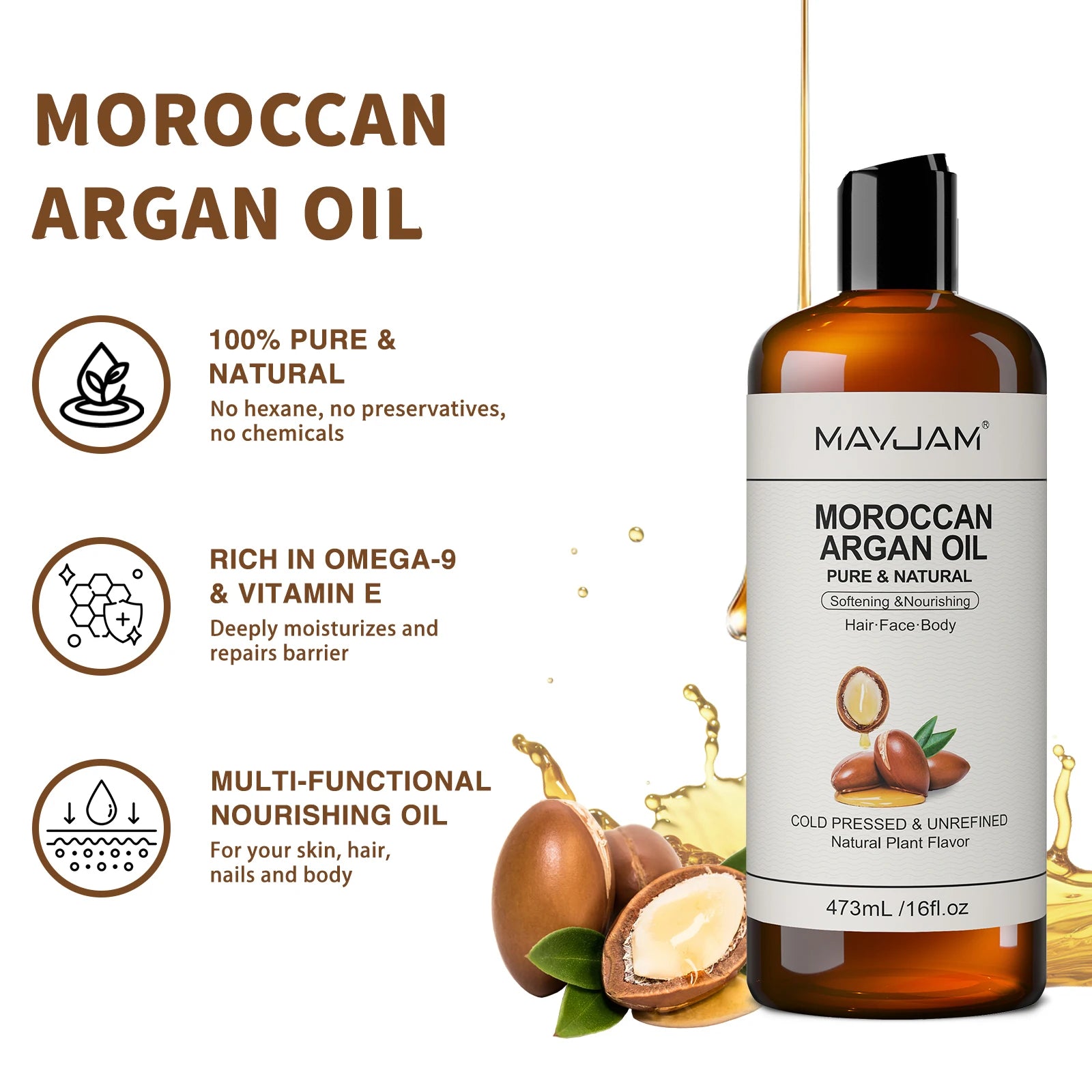Huiles Végétales Pures MAYJAM 473ml – Argan, Jojoba, Coco, Amande Douce & Plus – CLEVI Paris