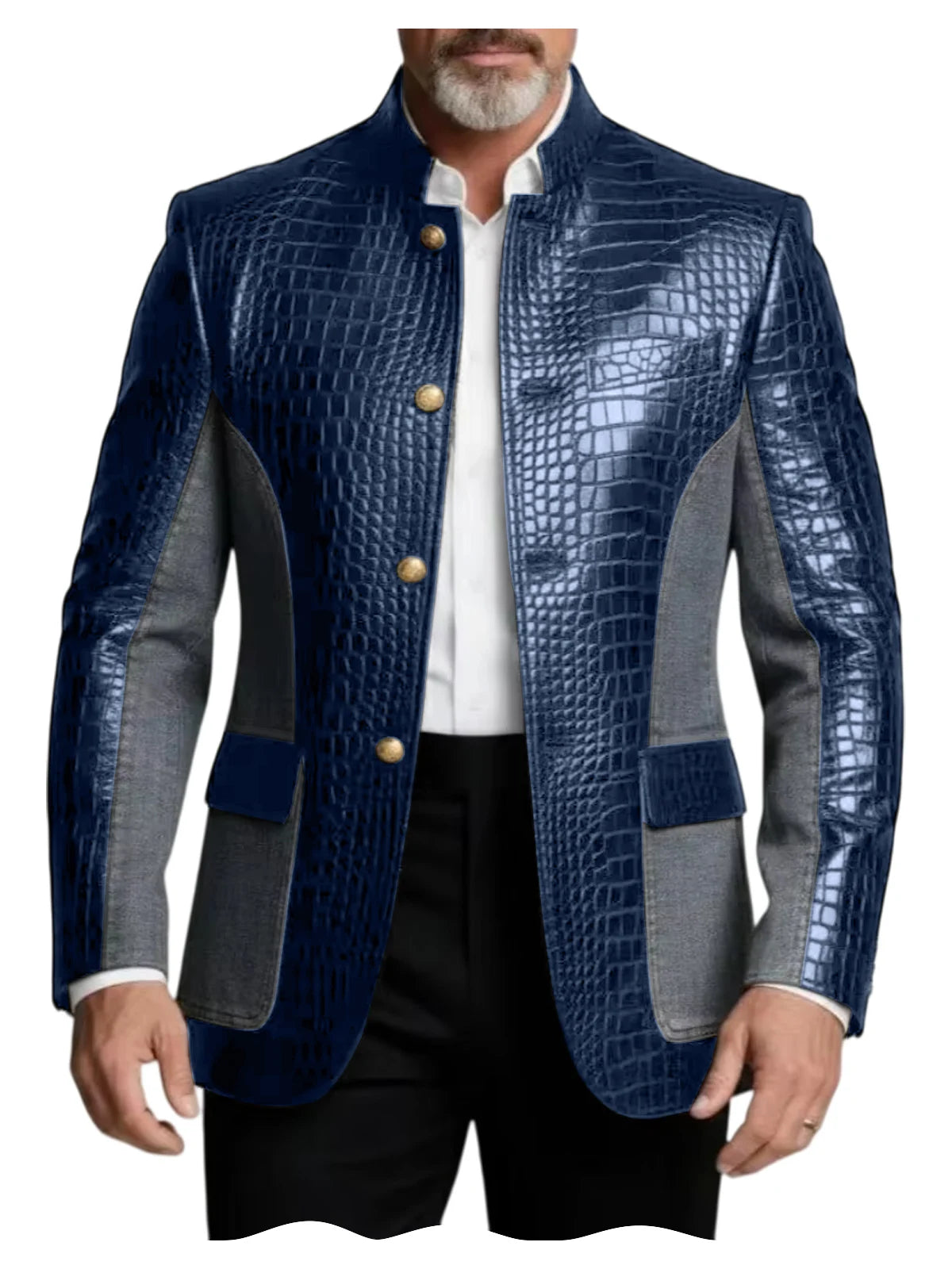 Blazer en cuir PU de luxe marron pour homme, effet croco, patchwork denim, col montant, coupe ajustée, idéal pour affaires, décontracté ou soirée