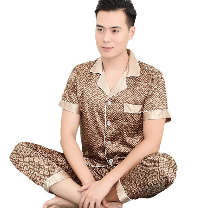 Pyjama Homme 2 Pièces Soie de Glace Satin Col Rabattu Manches Longues Style Luxe Imprimé Printemps Été – CLEVI Paris