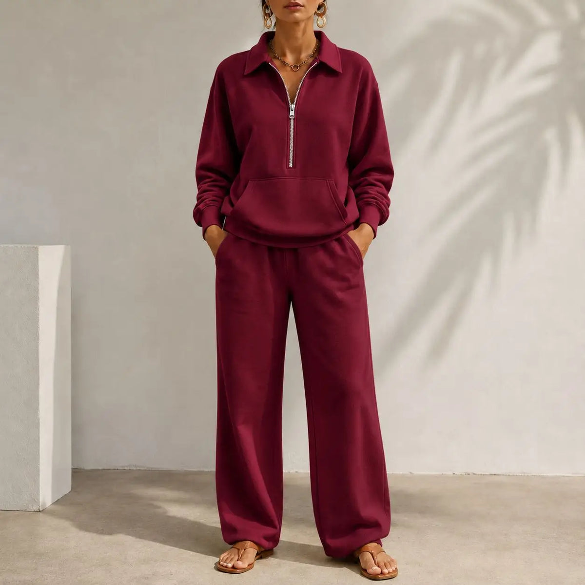 Ensemble femme sweat col zippé et pantalon large – CLEVI Paris