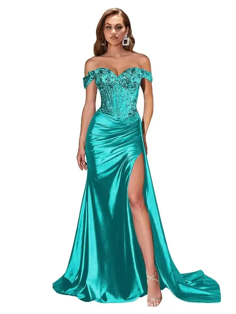 Robe de bal sirène en satin perlé – CLEVI Paris