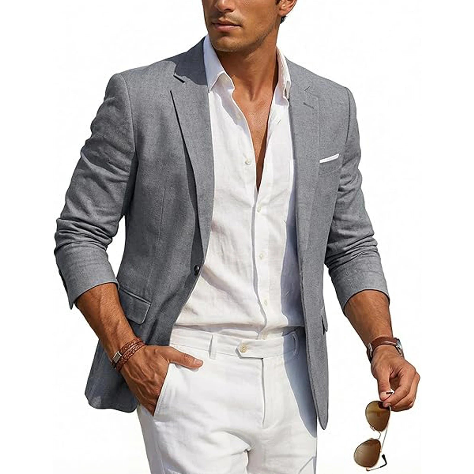 Blazer Homme Casual Lin Slim Fit Léger Un Bouton Mariage Plage – CLEVI Paris