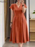 Robe Femme Col V Manches Papillon Couleur Unie Élégante Mi-Mollet – CLEVI Paris