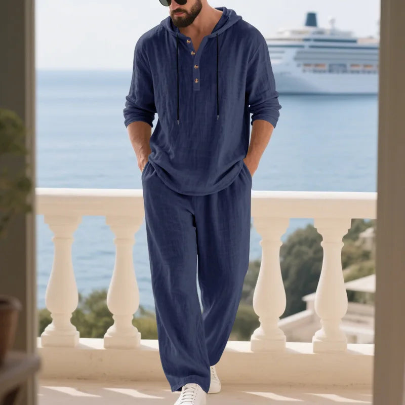 Ensemble Homme Chemise Henley Lin À Capuche Manches Longues + Pantalon Casual Voyage Printemps Automne – CLEVI Paris