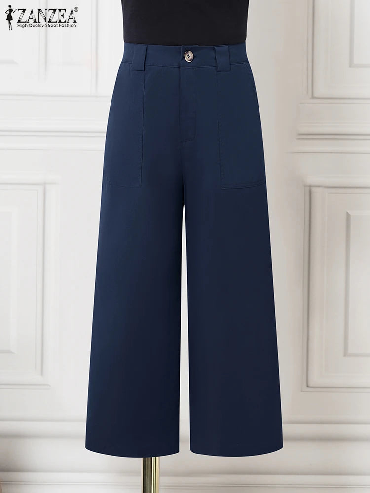 Pantalon Femme Taille Haute Jambe Large Uni Poches Style Casual Toutes Saisons – CLEVI Paris