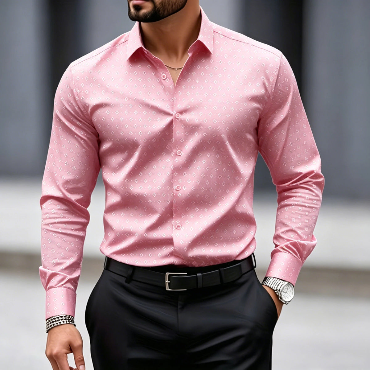 Chemise homme à pois géométriques à manches longues – CLEVI Paris