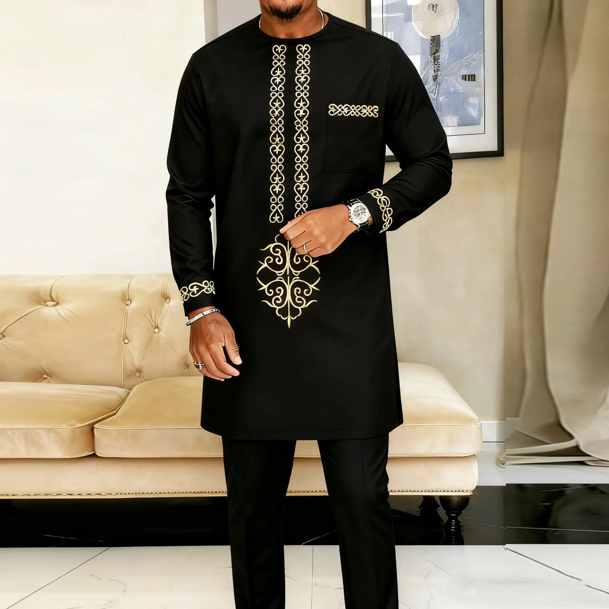 Ensemble Kaftan Africain Homme 2 Pièces – Costume Brodé Manches Longues – CLEVI Paris