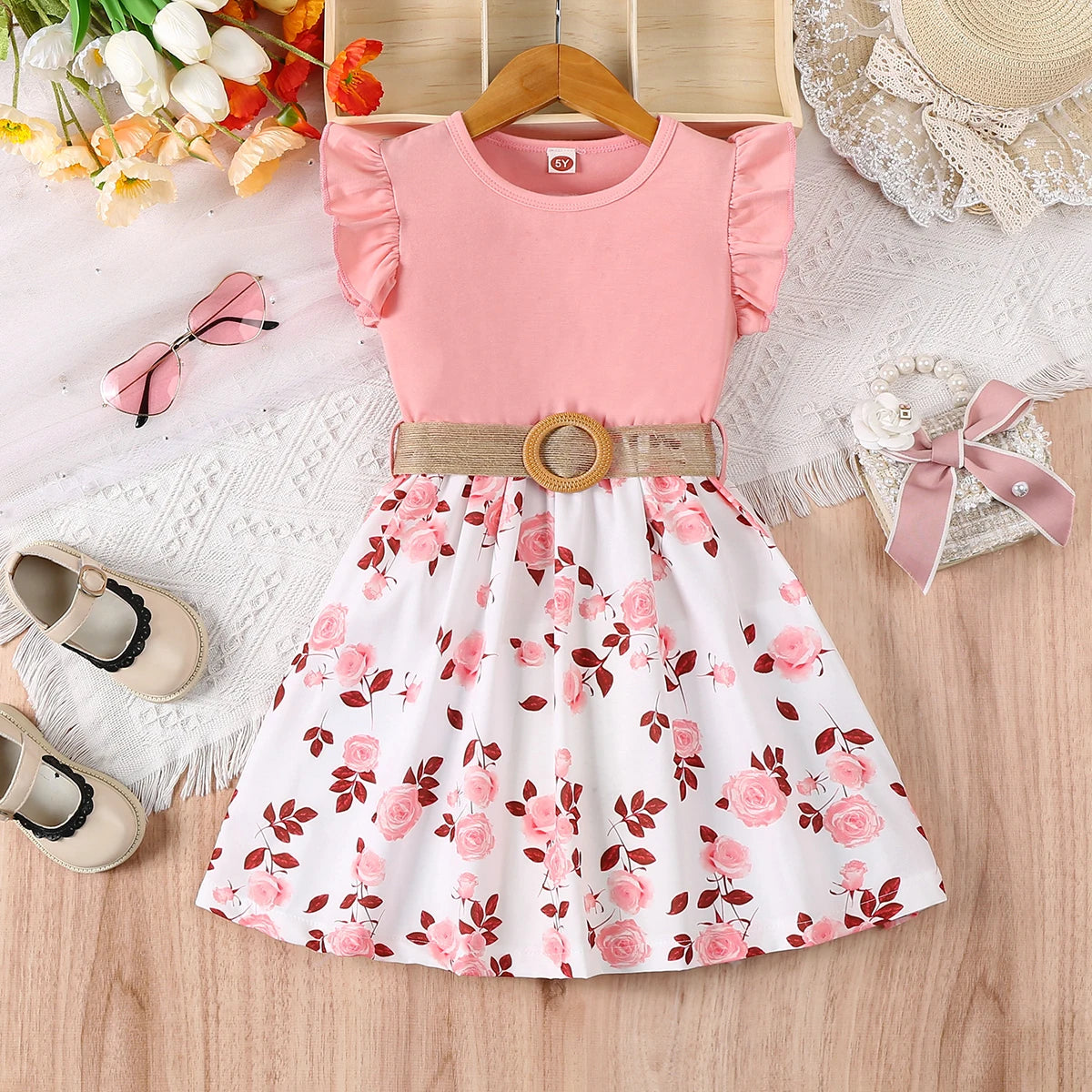 Robe fille fleurie rose avec ceinture – CLEVI Paris