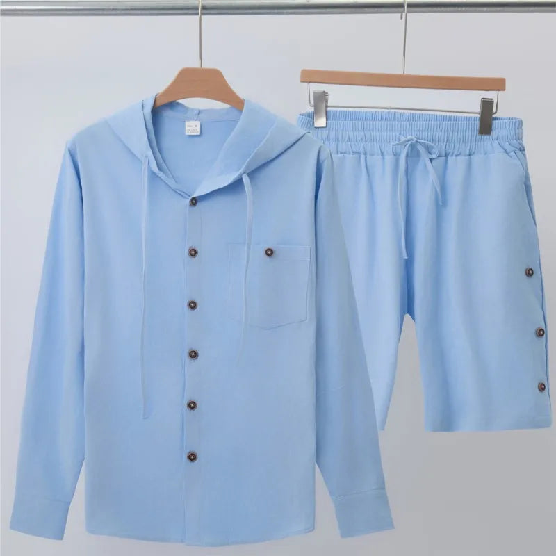 Ensemble 2 Pièces Homme Chemise Lin Manches Longues Boutonnée + Short Casual Été Style Hawaii – CLEVI Paris