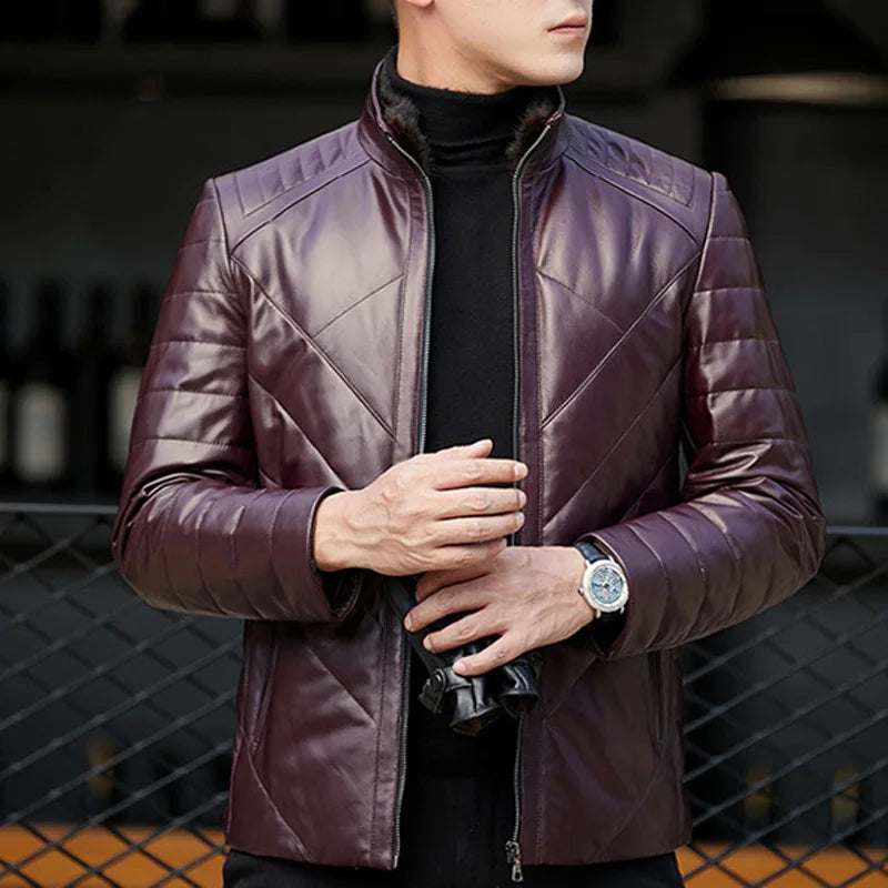 Blouson homme en cuir à surpiqûres et col montant – CLEVI Paris