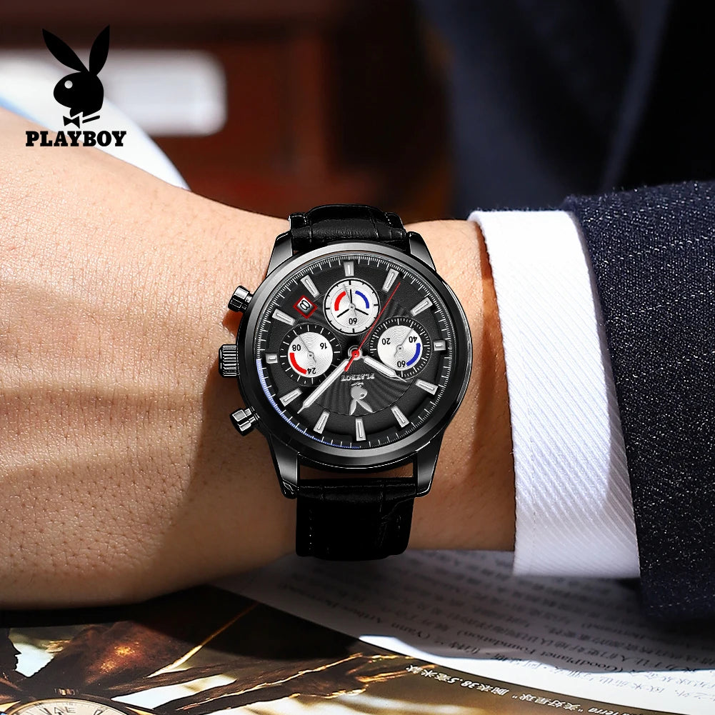 PLAYBOY 3305 Montre Homme Quartz Chronographe Calendrier Cuir 40mm 30M – CLEVI Paris