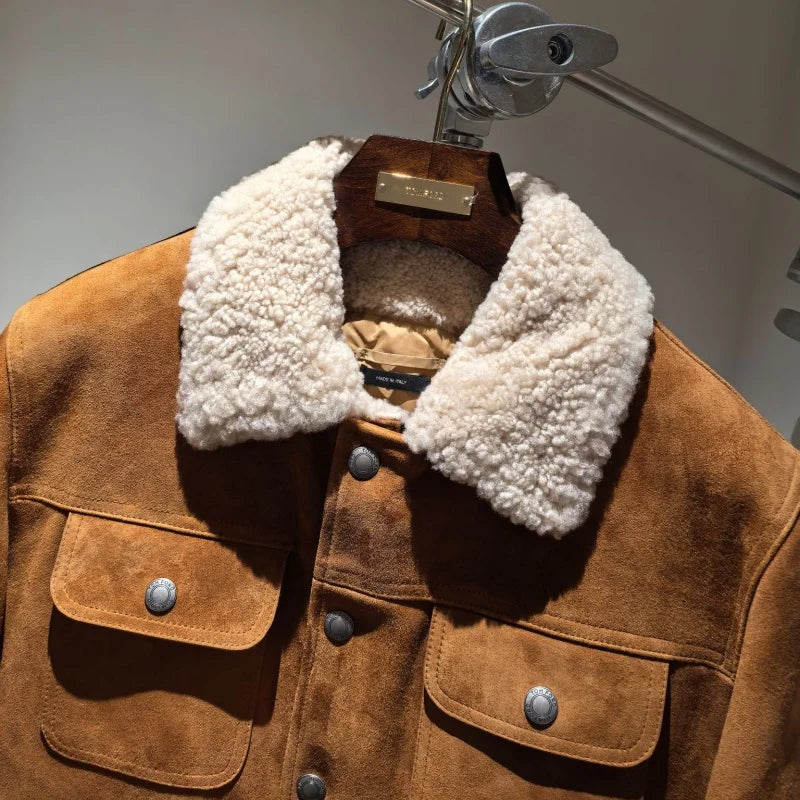Veste homme en cuir marron à col bouclé – CLEVI Paris
