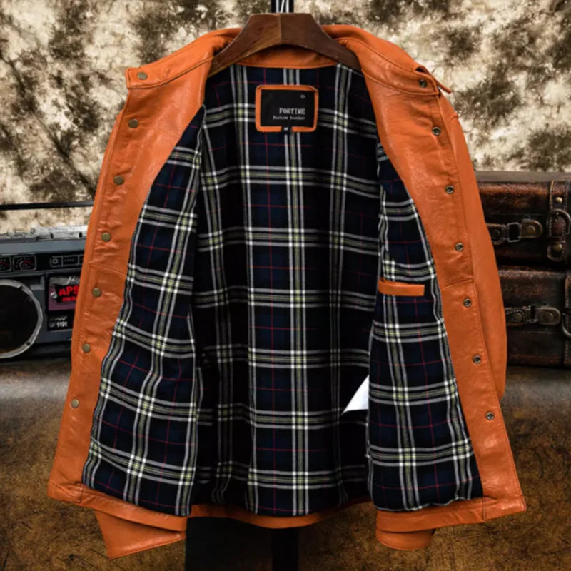 Veste homme orange en cuir de mouton – CLEVI Paris