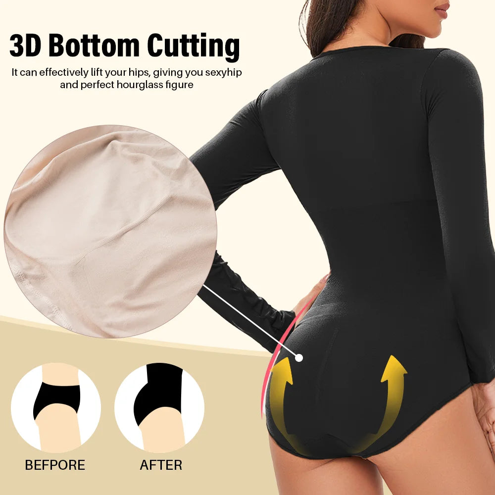 Gaine Gainante Femme Bodysuit Manches Longues Col Rond Sans Couture Contrôle Ferme Entrejambe Ouvert Minceur S-XXL – CLEVI Paris