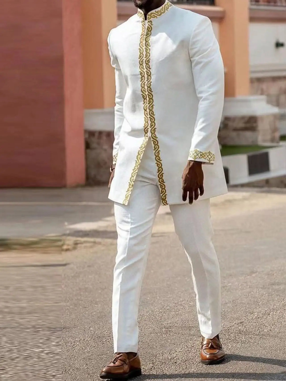 Kaftan Dashiki Homme 2 Pièces Brodé Manches Longues Col Rond + Pantalon Élastique Style Africain Mariage Fête M-4XL – CLEVI Paris