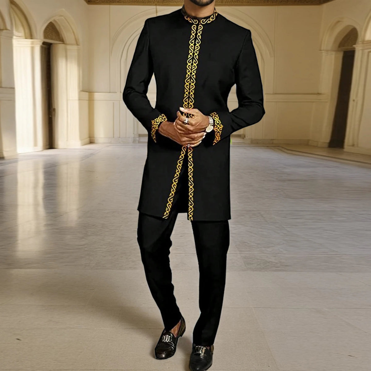 Ensemble Kaftan Africain Homme 2 Pièces – Costume Brodé Manches Longues – CLEVI Paris