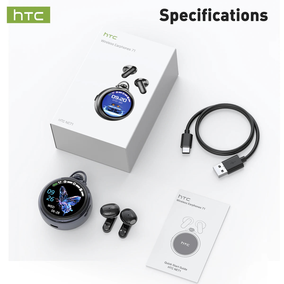 Écouteurs HTC NE71 Bluetooth 6.0 Écran LED IPX6 ANC HiFi – CLEVI Paris