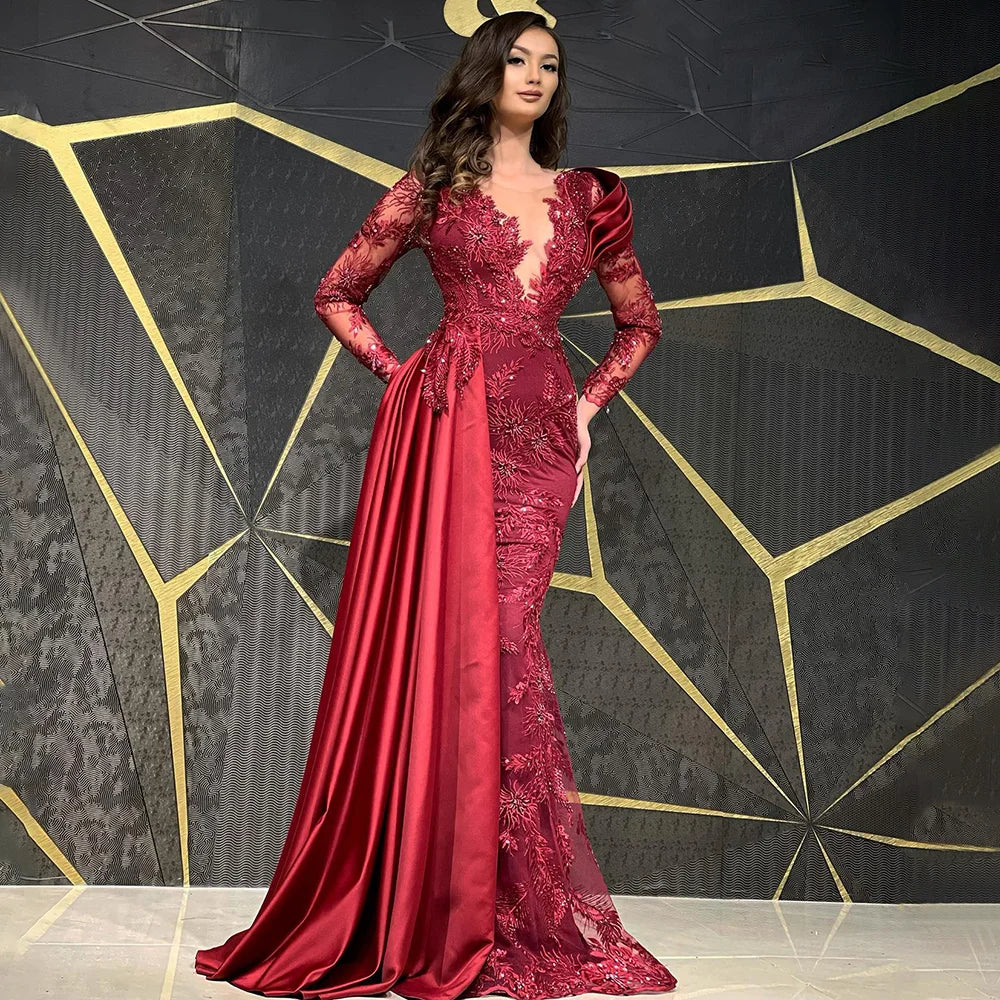 Robe de soirée sirène perlée manches longues – CLEVI Paris