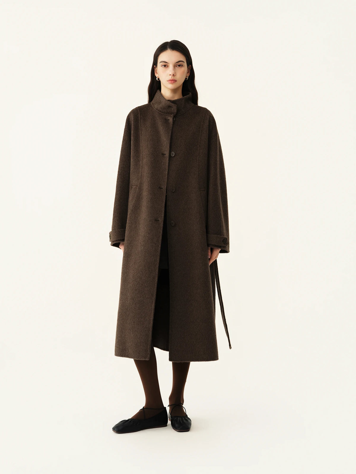 Manteau long en laine à col montant femme – CLEVI Paris