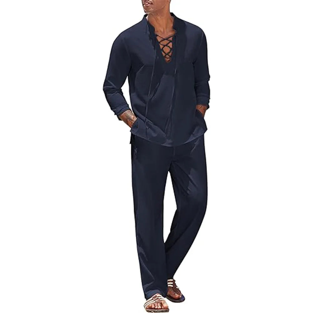 Ensemble Homme Chemise Col Mao Manches Longues + Pantalon Taille Élastique Coton Lin Plage Vacances – CLEVI Paris