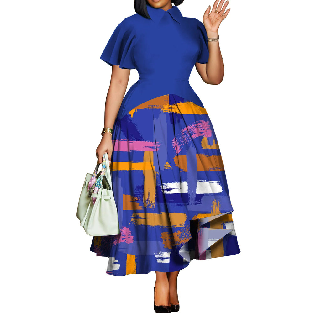 Robe Femme Grande Taille Manches Courtes Imprimé A-line Maxi Casual – CLEVI Paris