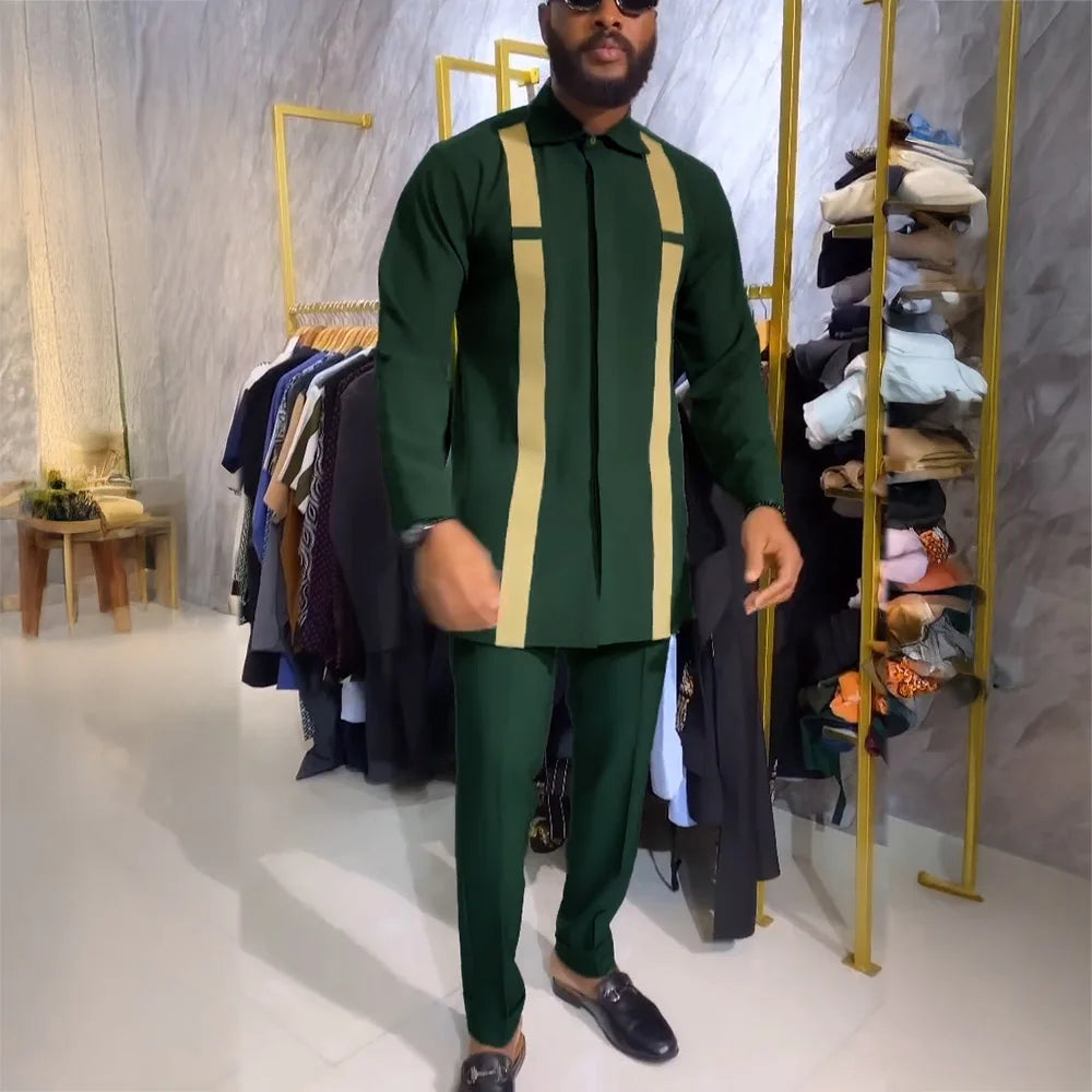 Ensemble 2 Pièces Homme Style Africain Chemise Manches Longues Col Rond + Pantalon Cordon Élégant XS-XXL – CLEVI Paris