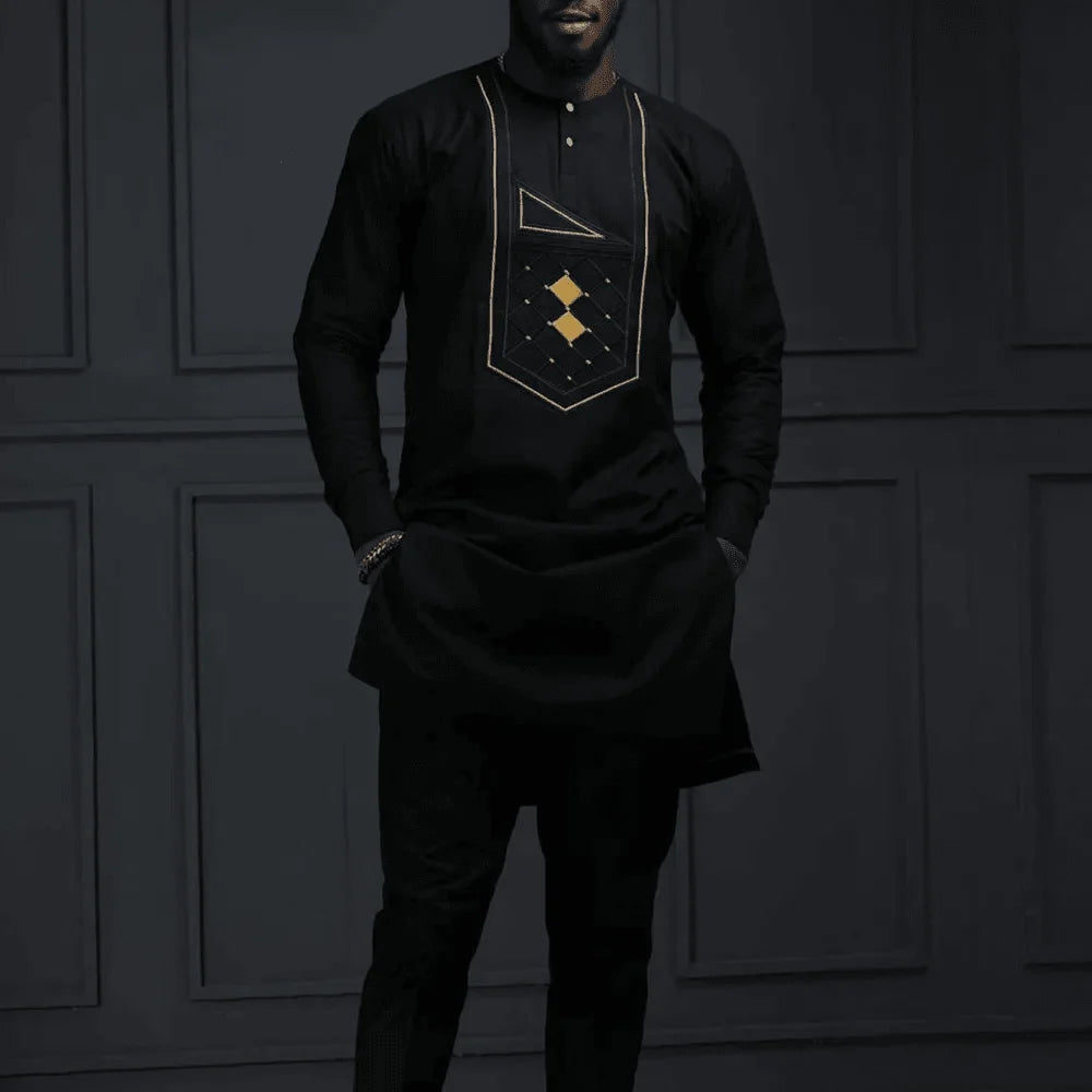 Ensemble Kaftan Homme 2 Pièces Broderie Manches Longues Col Rond + Pantalon Cordon Style Africain Mariage M-4XL – CLEVI Paris