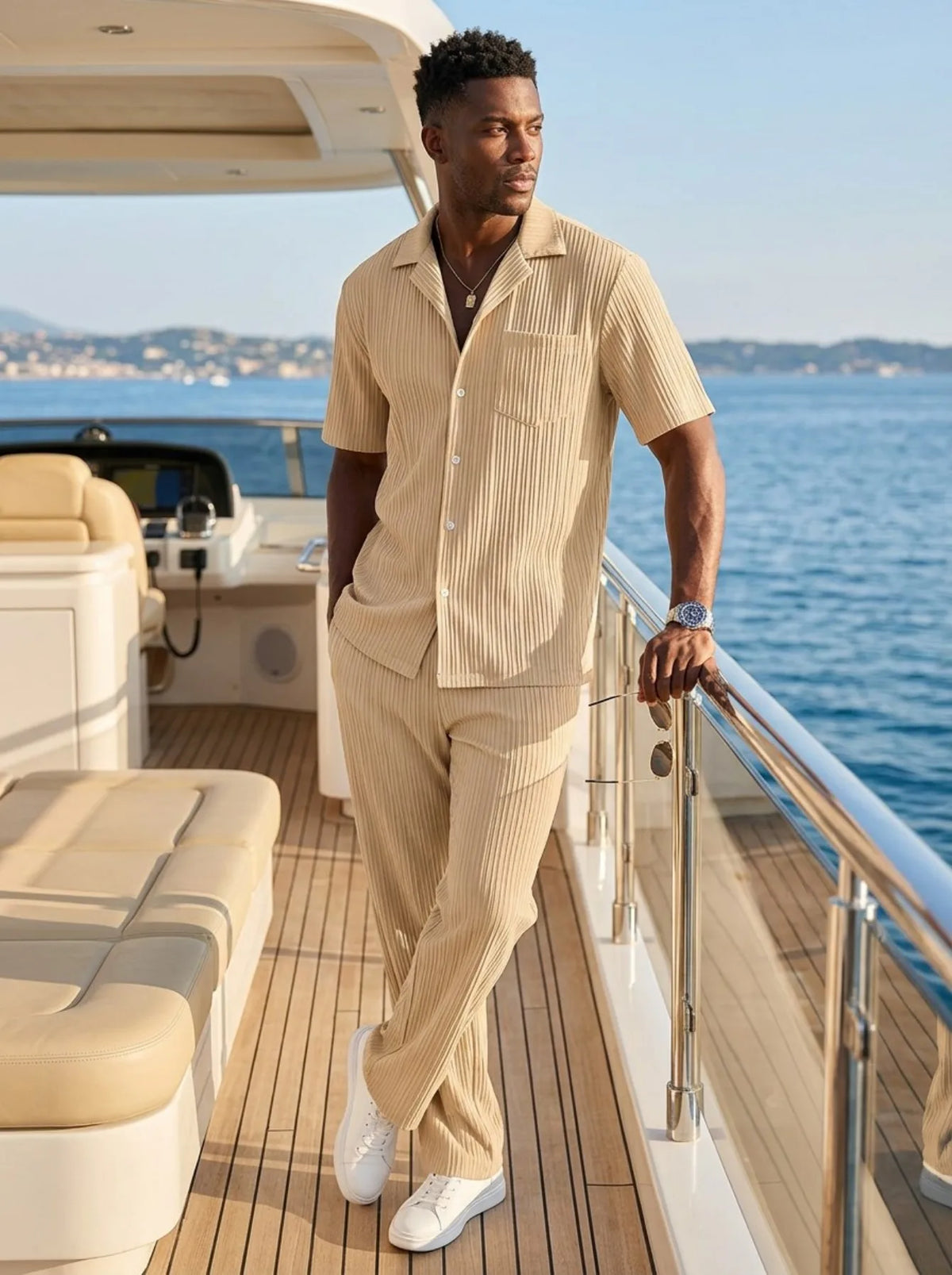 Ensemble Homme Chemise Col Cranté Manches Courtes + Short Cordon Casual Plage Yacht Été 7 Coloris – CLEVI Paris