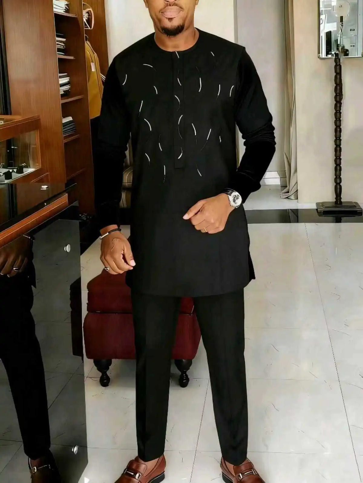 Ensemble Kaftan Homme 2 Pièces Broderie Manches Longues Col Rond + Pantalon Cordon Style Africain Mariage M-4XL – CLEVI Paris