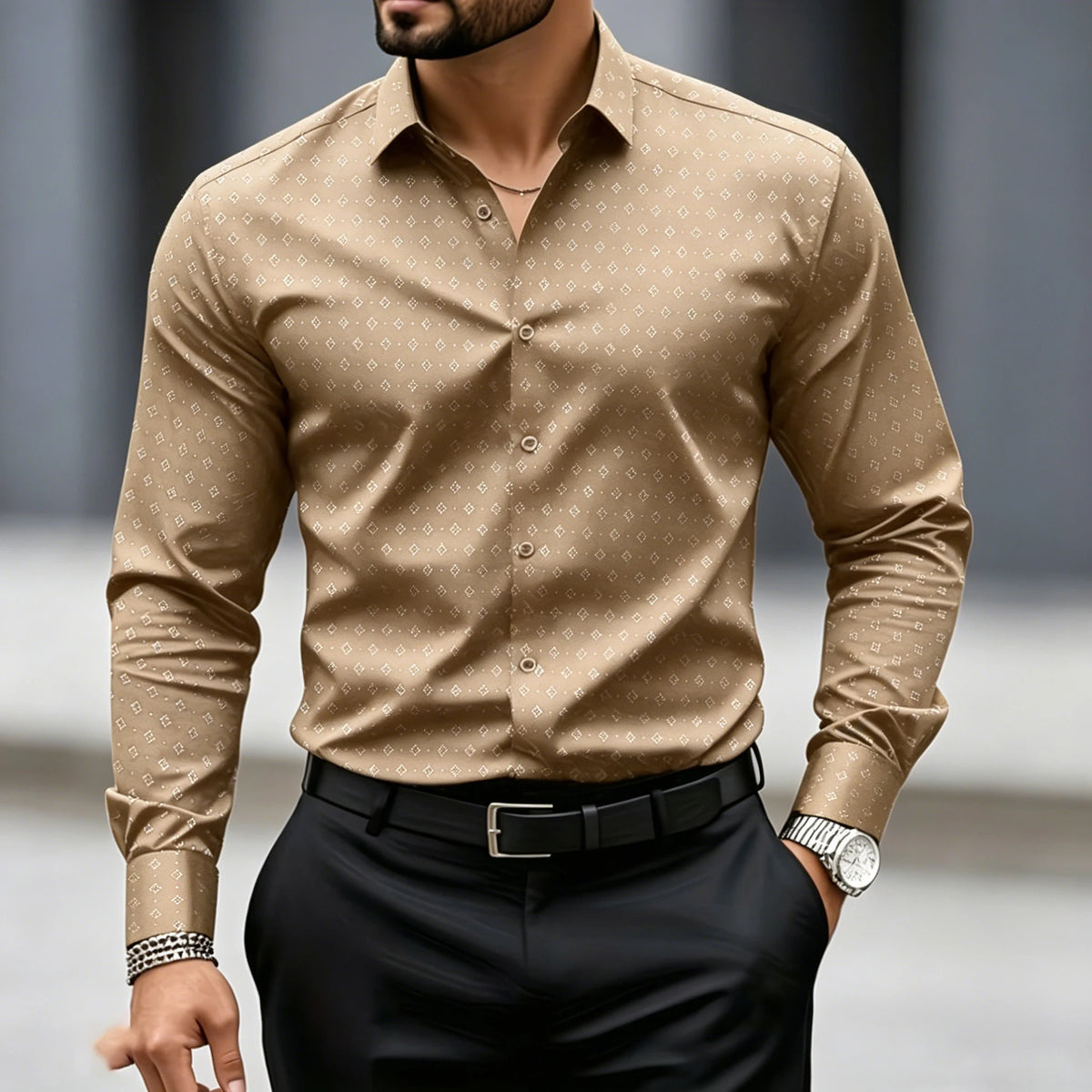 Chemise homme à pois géométriques à manches longues – CLEVI Paris