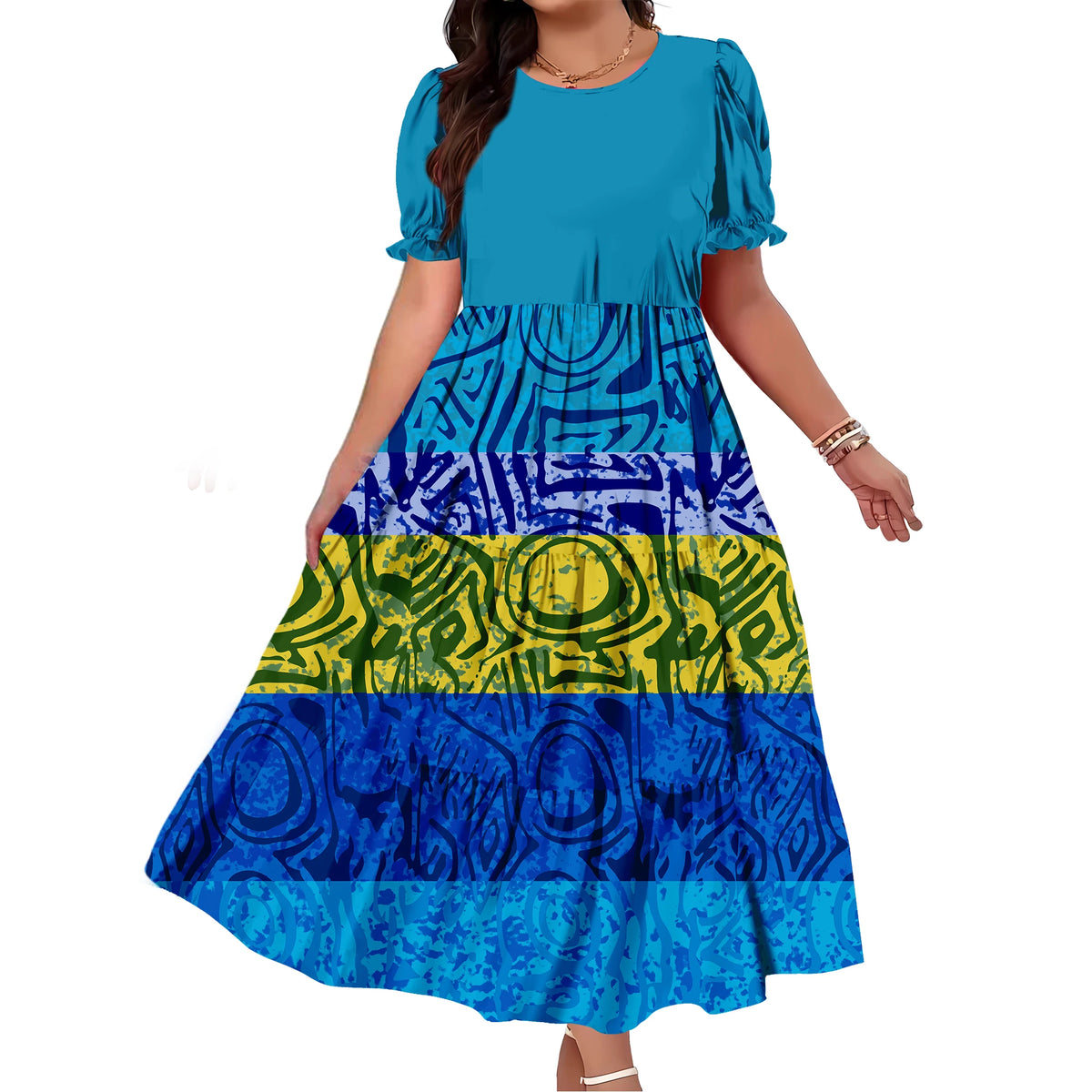 Robe Femme Longue Imprimé Polynésien Manches Bouffantes Ample Élégante – CLEVI Paris