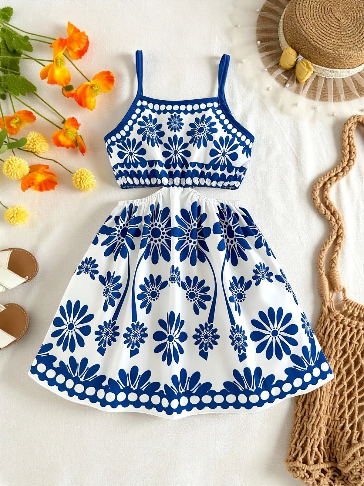 Robe fille à fleurs bleues et fines bretelles – CLEVI Paris