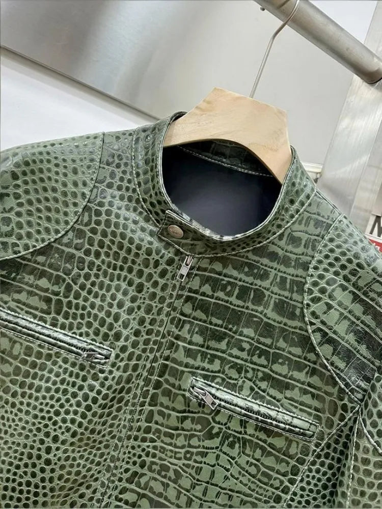 Blouson homme en cuir vert motif crocodile – CLEVI Paris