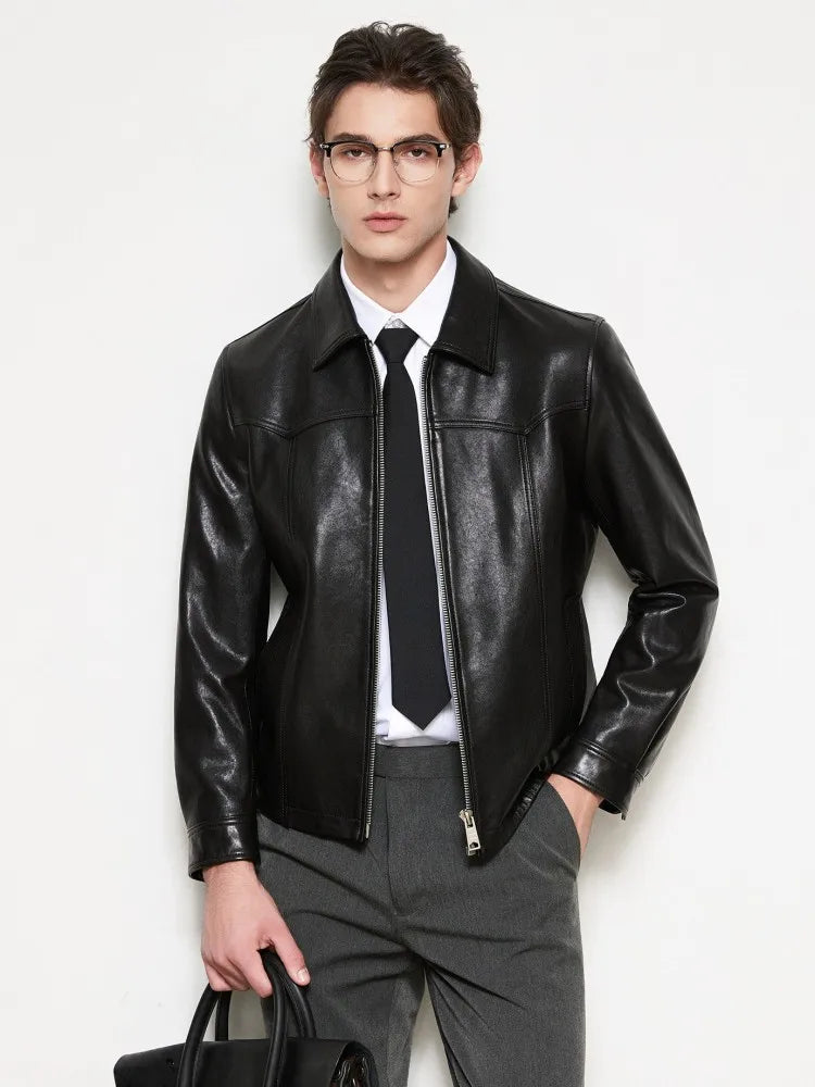 Veste homme en cuir de mouton noir zippée – CLEVI Paris