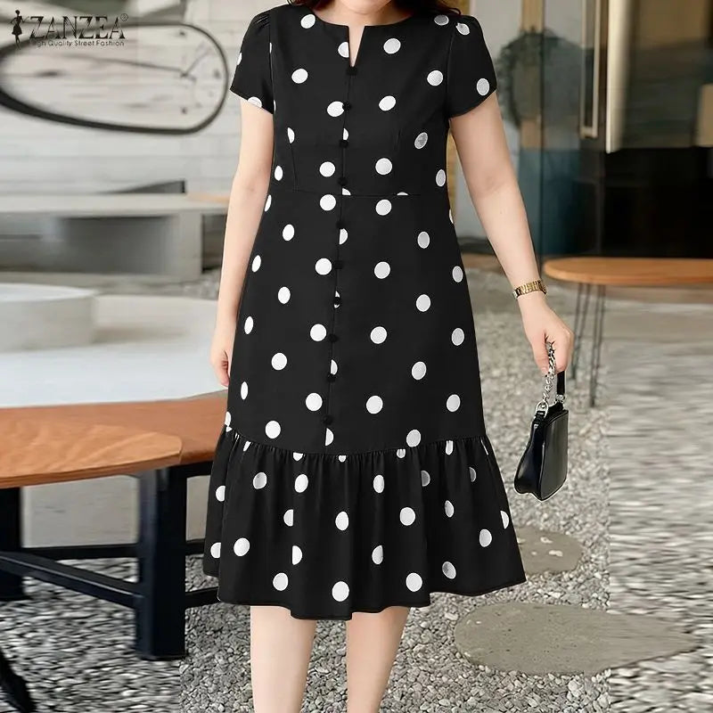 Robe Femme Col V Imprimé Pois Manches Courtes Mi-Mollet Élégante – CLEVI Paris