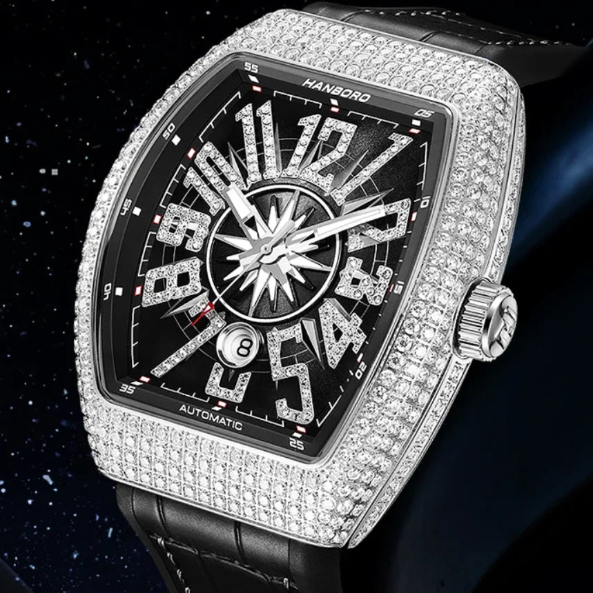 HANBORO 9029 Montre Homme Automatique Tonneau 445 Cristaux Étanche 5ATM – CLEVI Paris