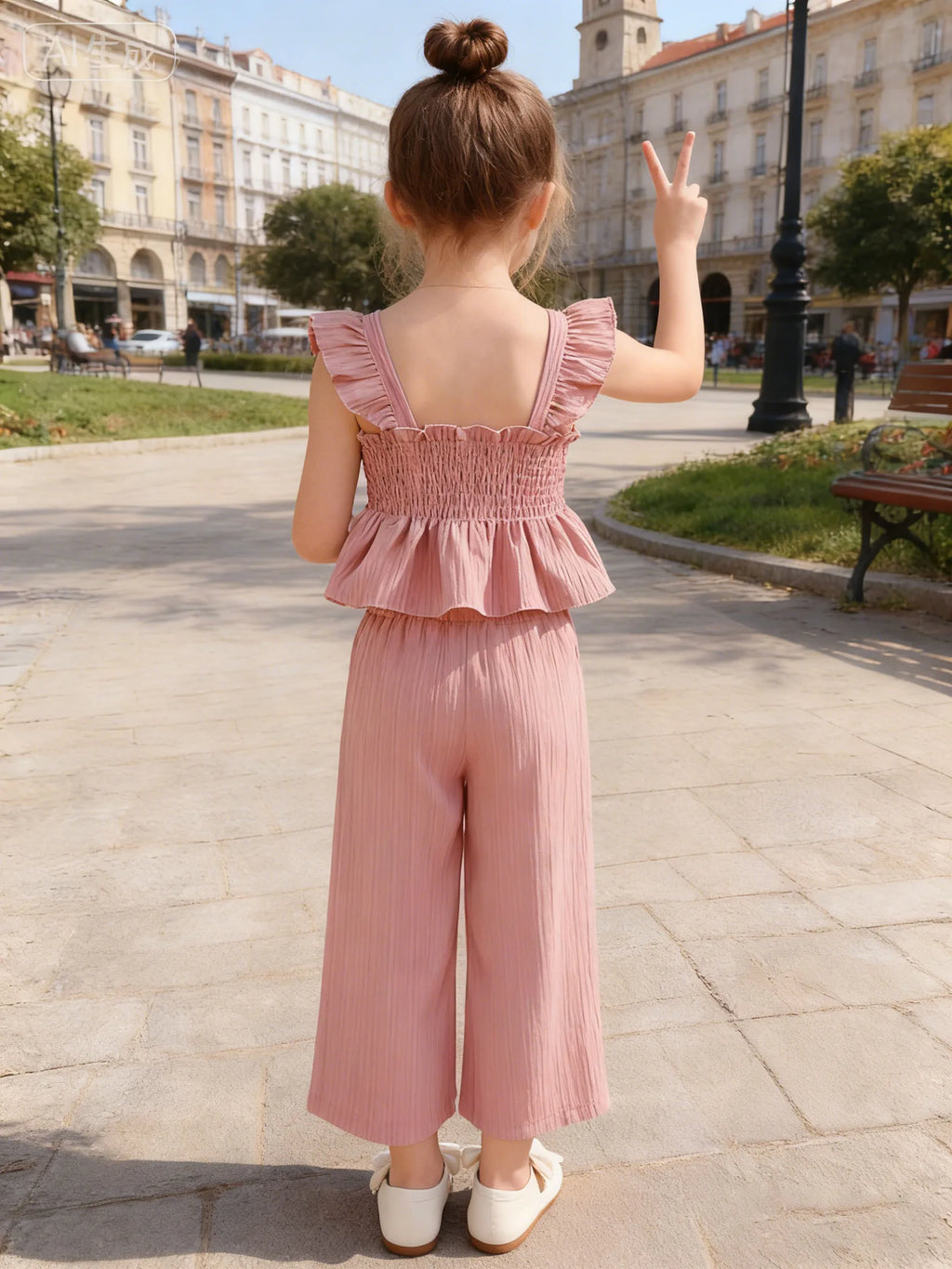 Ensemble fille rose haut froncé et pantalon – CLEVI Paris