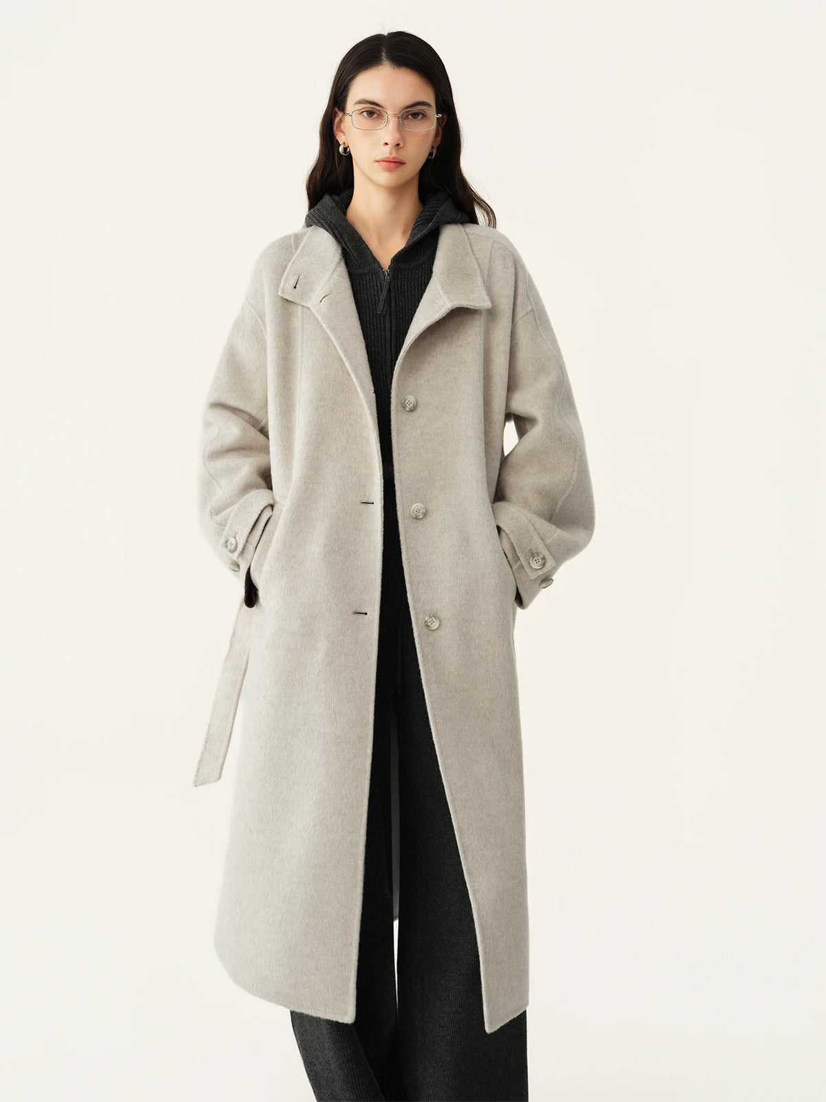 Manteau long en laine à col montant femme – CLEVI Paris
