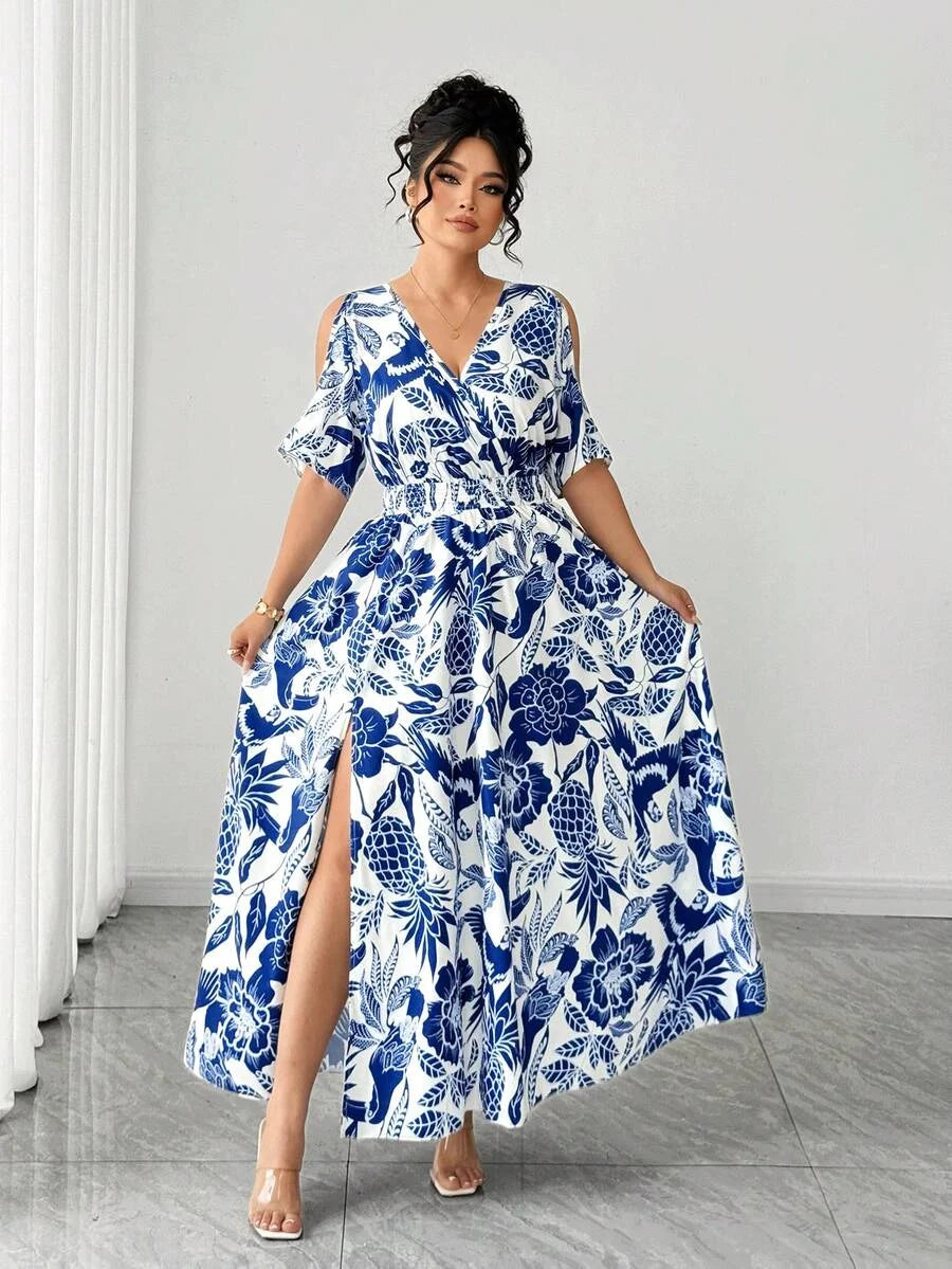 Robe Bohème Grande Taille Femme Imprimé Floral & Oiseaux Taille Cintrée Vacances – CLEVI Paris