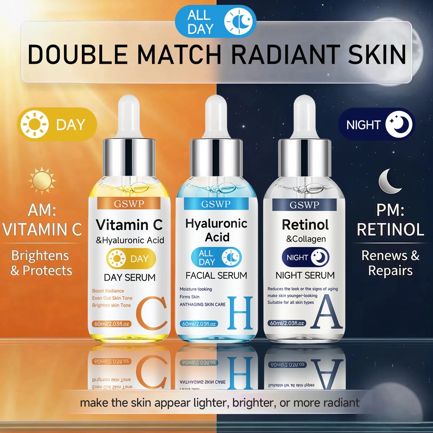 Sérum Jour & Nuit GSWP – Vitamine C, Rétinol & Acide Hyaluronique – Hydratant, Raffermissant & Éclaircissant – CLEVI Paris