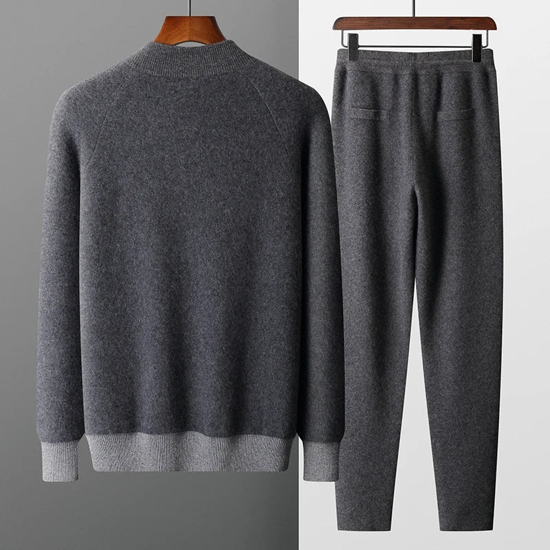 Ensemble 2 Pièces Homme 100% Cachemire MVLYFLRT – Cardigan Col Montant Zippé + Pantalon Slim Bicolore – 3 Coloris – CLEVI Paris