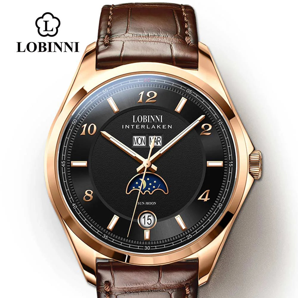 Montre Homme LOBINNI 40mm Automatique Calendrier Verre Saphir Bracelet Cuir – CLEVI Paris