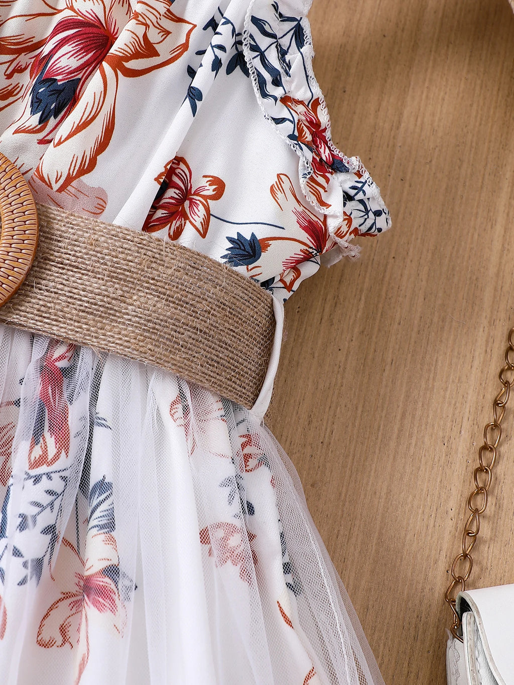 Robe fille fleurie à bretelles et ceinture – CLEVI Paris