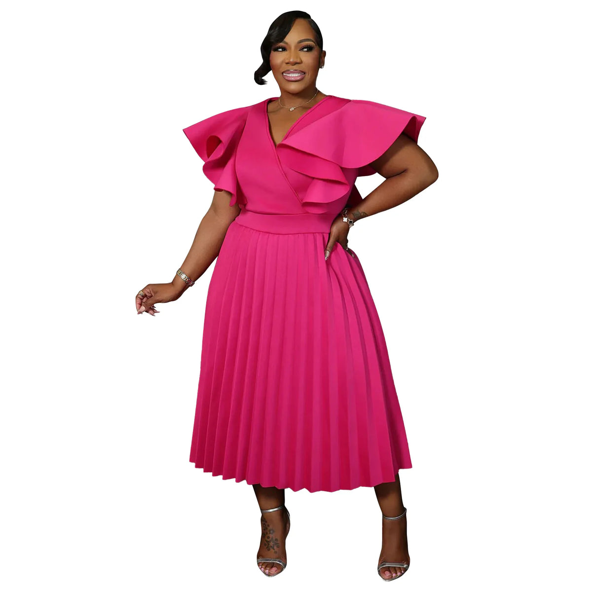 Robe Femme Grande Taille Col V Manches Papillon Drapée A-line Élégante Bureau – CLEVI Paris