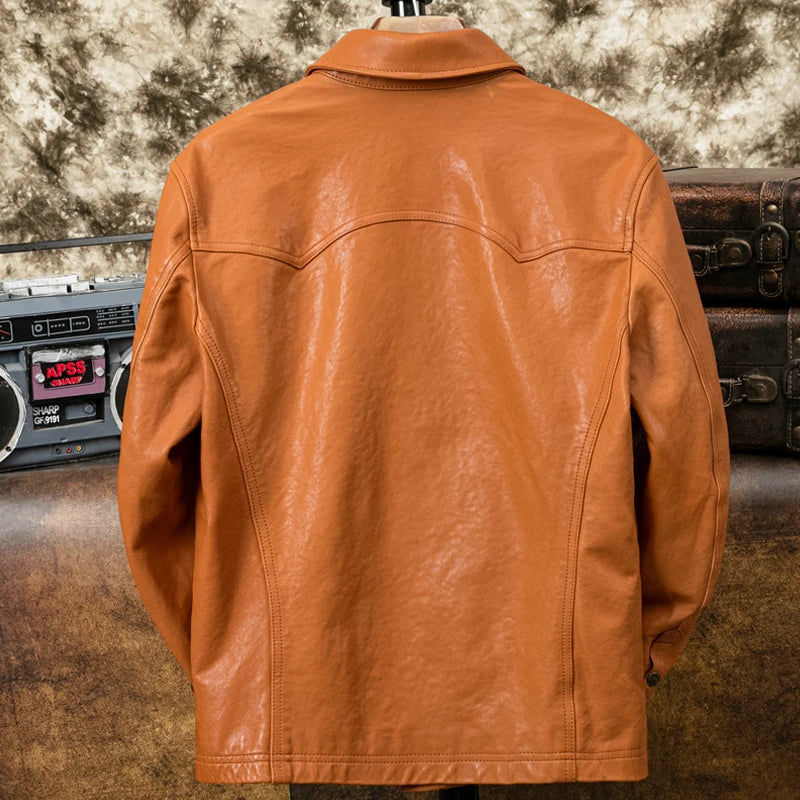 Veste homme orange en cuir de mouton – CLEVI Paris