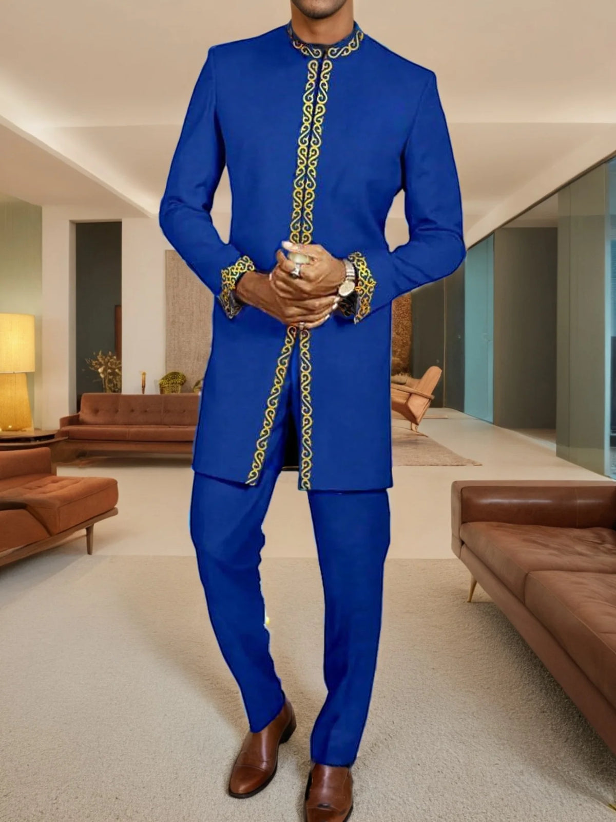 Kaftan Dashiki Homme 2 Pièces Brodé Manches Longues Col Rond + Pantalon Élastique Style Africain Mariage Fête M-4XL – CLEVI Paris